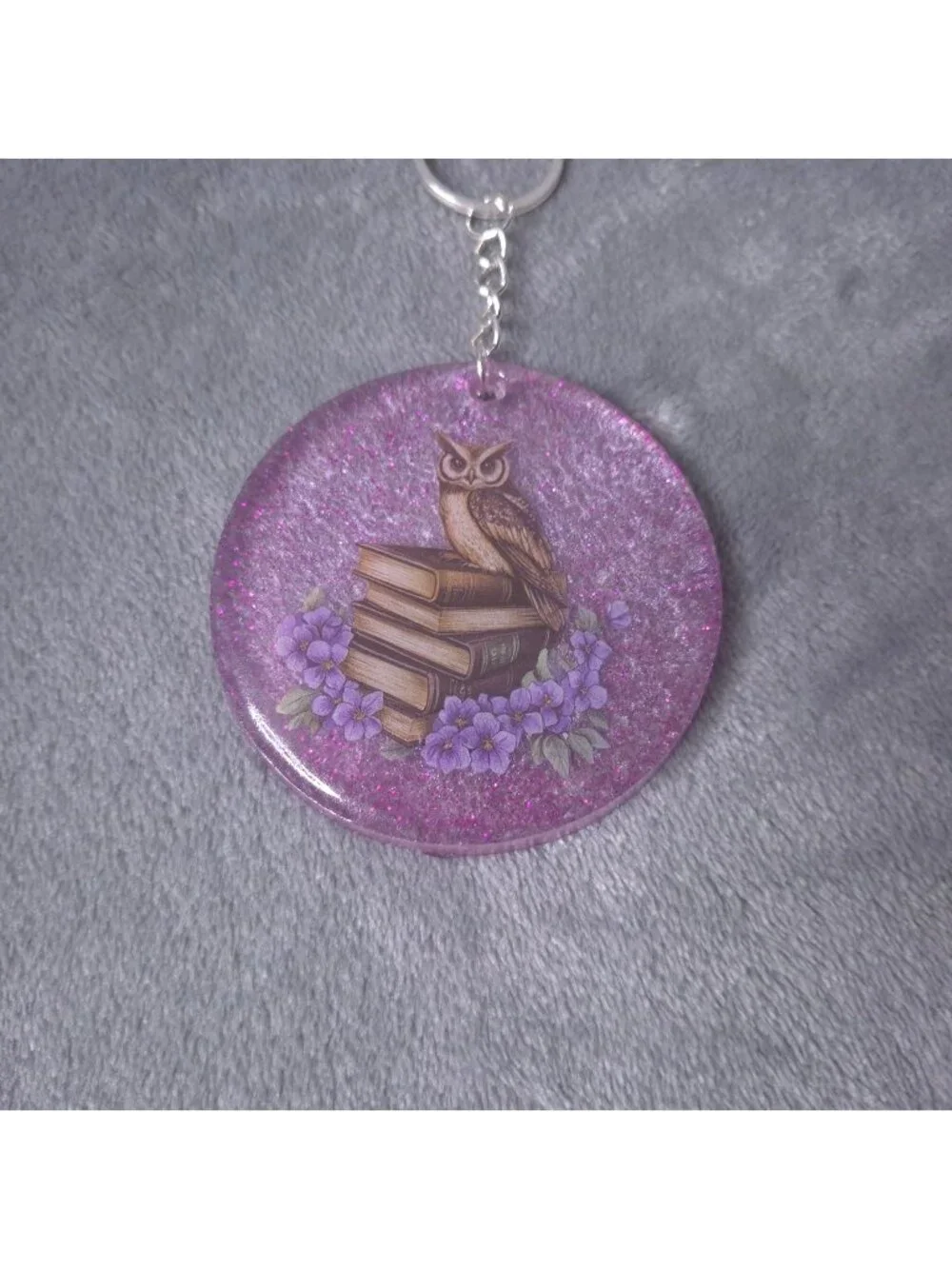 Handmade Resin Glitter Owl Keychain Books Purple Flowers 2 Diameter Unique Gift